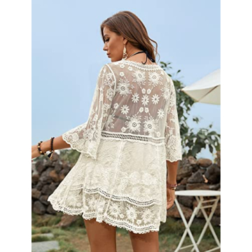 Floerns Contrast Lace V Neck Bikini Cover Up Dress for Women
