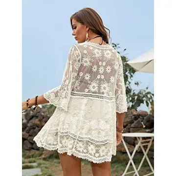 Floerns Contrast Lace V Neck Bikini Cover Up Dress for Women