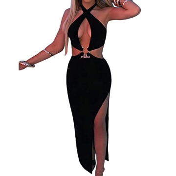 Women Sexy Cutout Backless Long Dress Spaghetti Strap Halter Neck Bodycon Maxi Dress Hollow Party Cl...