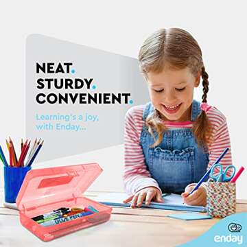 Enday Plastic Pencil Box with Snap Closure Lids Red, Small Utility Storage Crayon School and Office ...