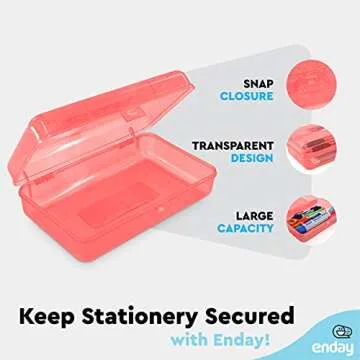 Enday Plastic Pencil Box with Snap Closure Lids Red, Small Utility Storage Crayon School and Office Supplies Case Organizer, Also Available in Glitter Pink, Purple, Blue, Green and Grey, 1 Pc