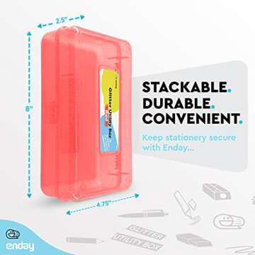 Enday Plastic Pencil Box with Snap Closure Lids Red, Small Utility Storage Crayon School and Office Supplies Case Organizer, Also Available in Glitter Pink, Purple, Blue, Green and Grey, 1 Pc