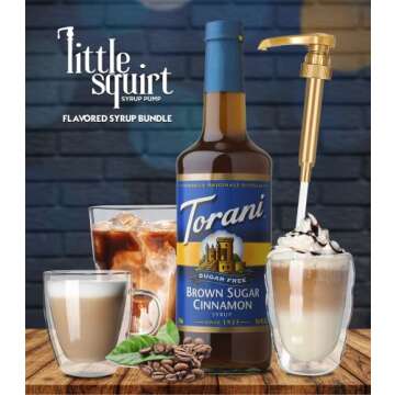 Torani Sugar Free Brown Sugar Cinnamon Syrup with Little Squirt Syrup Pump, 750ml 25.4 Ounces