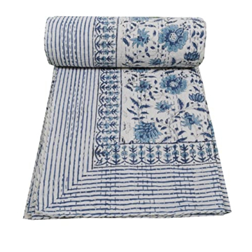 V Vedant Designs Indian Handmade Kantha Quilt New Beautiful Floral Print Kantha Bed Cover Kantha Throw Twin Cotton Blanket Gudari (Blue&White)