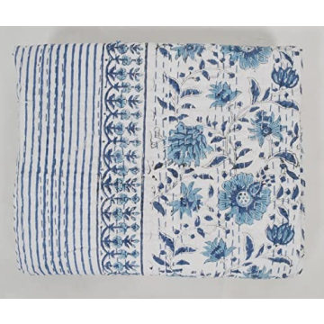 V Vedant Designs Indian Handmade Kantha Quilt New Beautiful Floral Print Kantha Bed Cover Kantha Throw Twin Cotton Blanket Gudari (Blue&White)