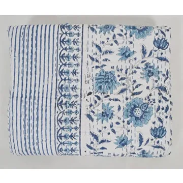 V Vedant Designs Indian Handmade Kantha Quilt New Beautiful Floral Print Kantha Bed Cover Kantha Throw Twin Cotton Blanket Gudari (Blue&White)