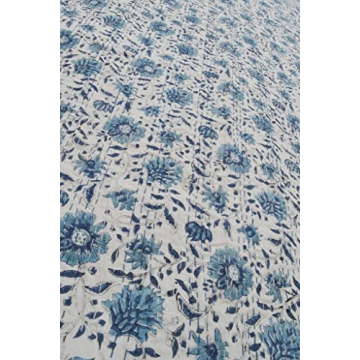 V Vedant Designs Indian Handmade Kantha Quilt New Beautiful Floral Print Kantha Bed Cover Kantha Throw Twin Cotton Blanket Gudari (Blue&White)