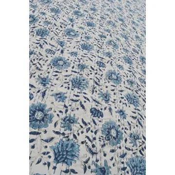 V Vedant Designs Indian Handmade Kantha Quilt New Beautiful Floral Print Kantha Bed Cover Kantha Throw Twin Cotton Blanket Gudari (Blue&White)
