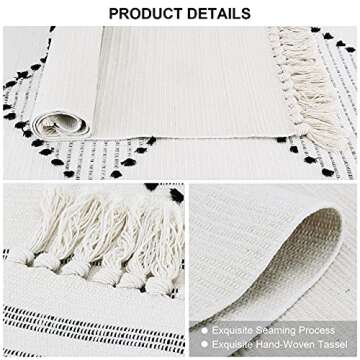 Boho Cotton Rug Runner with Tassels 2'x4.3' Cream Tribal Decorative Area Rug Modern Woven Fringe Rug Mats Machine Washable Welcome Door Mat Floor Rug for Bathroom Hallway Laundry Kitchen Room Carpet