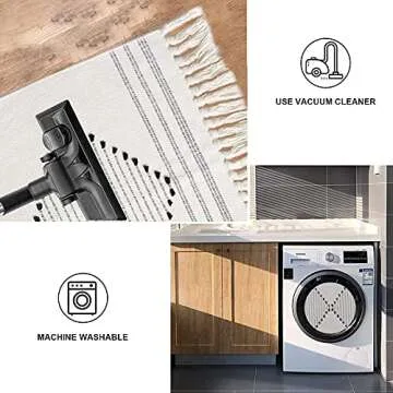 Boho Cotton Rug Runner with Tassels 2'x4.3' Cream Tribal Decorative Area Rug Modern Woven Fringe Rug Mats Machine Washable Welcome Door Mat Floor Rug for Bathroom Hallway Laundry Kitchen Room Carpet