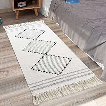 Boho Cotton Rug Runner with Tassels 2'x4.3' Cream Tribal Decorative Area Rug Modern Woven Fringe Rug Mats Machine Washable Welcome Door Mat Floor Rug for Bathroom Hallway Laundry Kitchen Room Carpet
