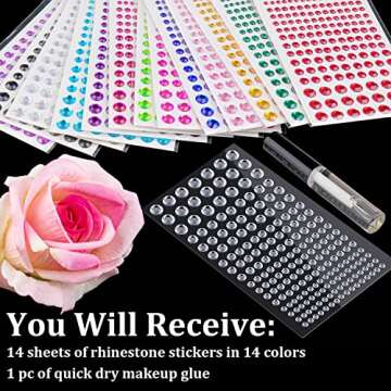 2758 Pcs of Rhinestone Stickers 3/4/5/6/8mm with 14 Colors Self Adhesive Face Gems, Stick on Body Crystal Jewels with Quick Dry Makeup Glue For Face Eye Hair Nails Make up and Craft DIY Decorations