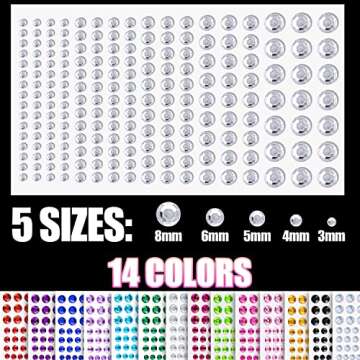 2758 Pcs of Rhinestone Stickers 3/4/5/6/8mm with 14 Colors Self Adhesive Face Gems, Stick on Body Crystal Jewels with Quick Dry Makeup Glue For Face Eye Hair Nails Make up and Craft DIY Decorations