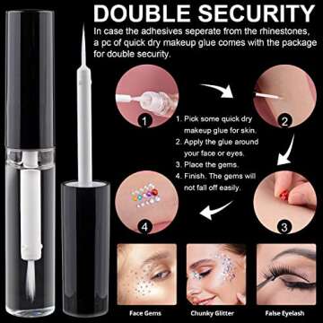 2758 Pcs of Rhinestone Stickers 3/4/5/6/8mm with 14 Colors Self Adhesive Face Gems, Stick on Body Crystal Jewels with Quick Dry Makeup Glue For Face Eye Hair Nails Make up and Craft DIY Decorations