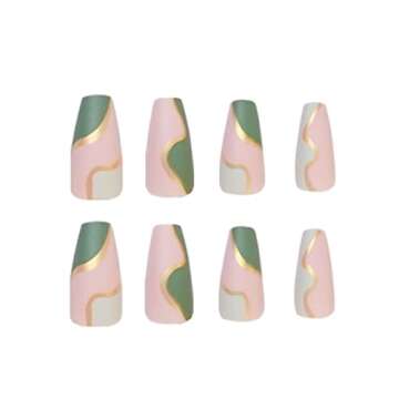 DANMANR Long Press on Nails Square French Fake Nails Full Cover Nude Acrylic False Nails for Women and Girls 24PCS (Green Coffin)