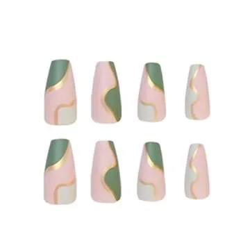 DANMANR Long Press on Nails Square French Fake Nails Full Cover Nude Acrylic False Nails for Women and Girls 24PCS (Green Coffin)