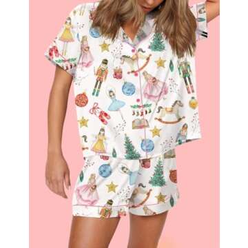 Aonoapll Women Christmas Pajama Set Nutcracker Printed Short Sleeve Button Shirt and Shorts 2 Piece Silk Lounge Sleepwear(Print Pink,Small)