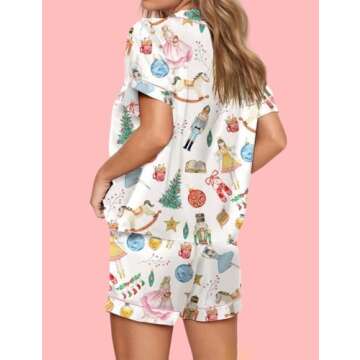 Aonoapll Women Christmas Pajama Set Nutcracker Printed Short Sleeve Button Shirt and Shorts 2 Piece Silk Lounge Sleepwear(Print Pink,Small)