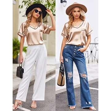 Ekouaer polyester Pajama for Women Short Sleeve Satin Pj Set Two Piece Soft Sleepwear Loungewear Casual Pjs for Summer Champagne XL