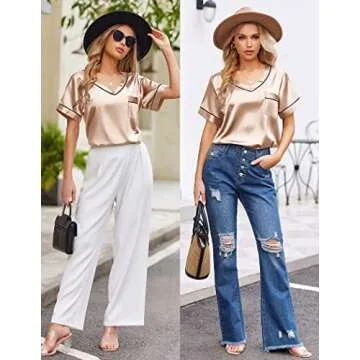 Ekouaer Women Silk Pajama Set Short Sleeve Casual Comfortable Loungewear