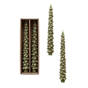 Elegant Golden-Tipped Evergreen Taper Candles - Set of 2