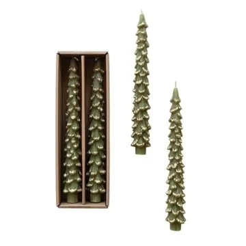 Elegant Golden-Tipped Evergreen Taper Candles - Set of 2