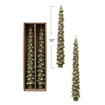 Elegant Golden-Tipped Evergreen Taper Candles - Set of 2