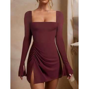 WISFRUIT Women's Sexy Square Neck Bodice Dress Long Sleeve Ruched Side Slit Party Club Mini Dress Wine Red Medium