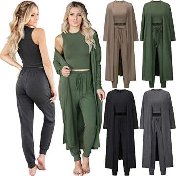 DressYOU Women's 3 Piece Sweatsuit Lounge Set Cardigan Outfits Open Front Kimono Tank Top Palazzo Pants PJ Casual Loungewear Tracksuit