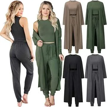 DressYOU Women's 3 Piece Sweatsuit Lounge Set Cardigan Outfits Open Front Kimono Tank Top Palazzo Pants PJ Casual Loungewear Tracksuit