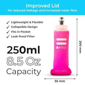 Soft Flask - 8.5 oz (250 ml) - Shrink As You Drink Pocket Soft Water Bottle for Hydration Pack/Running Vest - Folding Water Bottle for Running, Hiking, Cycling - Ski Water Bottles - Pink