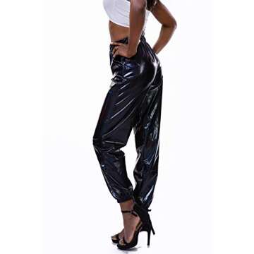 Shiny Metallic Sweatpant for Women Workout Lounge Jogger Pants Night Club Tapered Pant with Pocket for Disco Party (Black, Medium)