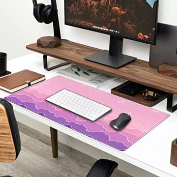 Kawaii Mouse Pad Desk Gaming Accessories Cute Clouds Xxl Mouse Pad Pink Anime Office Decor Desk Mousepad Large, 31.5x15.7in Extended Keyboard Mousepad For Desk Girl With Stitched Edges Non-Slip Rubber