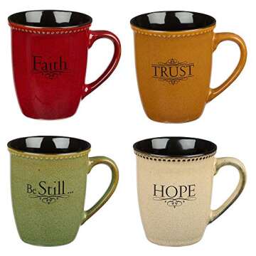 Christian Art Gifts Set of Four Rustic Stoneware Coffee/Tea Mugs w/Bible Verses Sage Green, Ivory, P...
