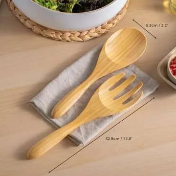 Dehaus® Large Premium Bamboo Salad Tongs - Eco Friendly Wooden Serving Spoons - Salad Serving Utensils - Salad Tosser Forks - Giant Wood Salad Servers - 12 inch Salad Hands