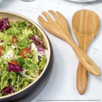 Dehaus® Large Premium Bamboo Salad Tongs - Eco Friendly Wooden Serving Spoons - Salad Serving Utensils - Salad Tosser Forks - Giant Wood Salad Servers - 12 inch Salad Hands