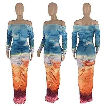 Famnbro Women's Sexy Off The Shoulder Long Sleeve Ruched Bodycon Maxi Dress Gradient Dresses Multi