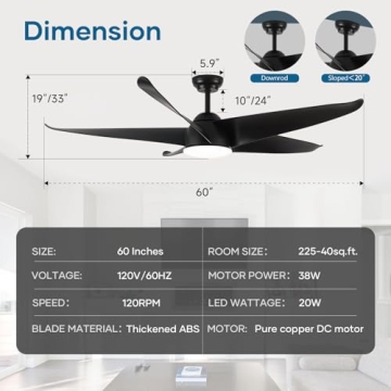 NWIASS 60 Inch Ceiling Fan with Light - Modern & Waterproof