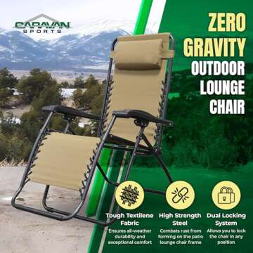 Caravan Sports Zero Gravity Outdoor Portable Folding Camping Lawn Deck Patio Pool Recliner Lounge Chair for Adults, Adjustable Headrest, Beige
