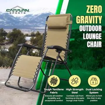 Caravan Sports Zero Gravity Outdoor Portable Folding Camping Lawn Deck Patio Pool Recliner Lounge Chair for Adults, Adjustable Headrest, Beige