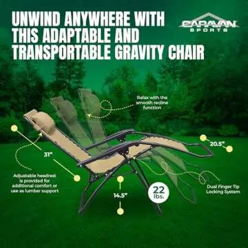 Caravan Sports Zero Gravity Outdoor Portable Folding Camping Lawn Deck Patio Pool Recliner Lounge Chair for Adults, Adjustable Headrest, Beige