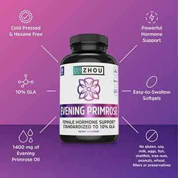 Zhou Nutrition Evening Primrose Oil Capsules, Supports Hormone Balance for Women, PMS and Menopause Support, Cold Pressed, Lab Verified and Hexane Free - 1300mg 10% GLA, 90 Servings, 3 Month Supply