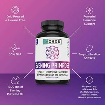 Zhou Nutrition Evening Primrose Oil Capsules, Supports Hormone Balance for Women, PMS and Menopause Support, Cold Pressed, Lab Verified and Hexane Free - 1300mg 10% GLA, 90 Servings, 3 Month Supply