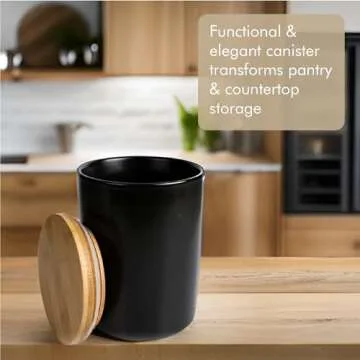 Arthausen White Ceramic Storage Jar Canister for Flour Sugar - Black - Airtight Bamboo Lid w/Silicon...