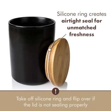 Arthausen White Ceramic Storage Jar Canister for Flour Sugar - Black - Airtight Bamboo Lid w/Silicone Seal, Spoon - Modern Abstract Art Design for Kitchen Counter Bathroom - 4 cup / 1080mL