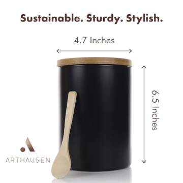 Arthausen White Ceramic Storage Jar Canister for Flour Sugar - Black - Airtight Bamboo Lid w/Silicone Seal, Spoon - Modern Abstract Art Design for Kitchen Counter Bathroom - 4 cup / 1080mL