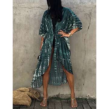 Bsubseach Tie Dye Long Swimsuit Cover Ups for Women Swimwear Open Front Beach Kimono Cardigan Dark Green