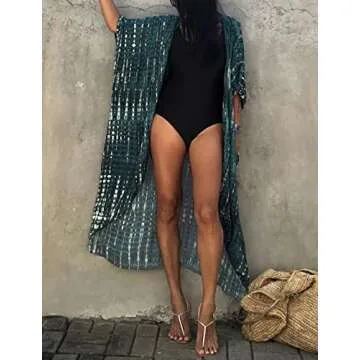 Bsubseach Tie Dye Long Swimsuit Cover Ups for Women Swimwear Open Front Beach Kimono Cardigan Dark Green