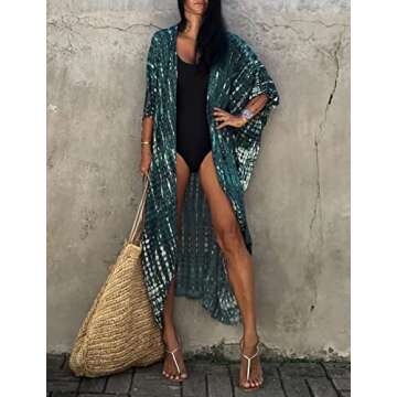 Bsubseach Tie Dye Long Swimsuit Cover Ups for Women Swimwear Open Front Beach Kimono Cardigan Dark Green