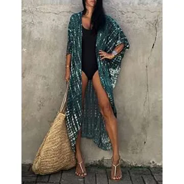 Bsubseach Tie Dye Long Swimsuit Cover Ups for Women Swimwear Open Front Beach Kimono Cardigan Dark Green